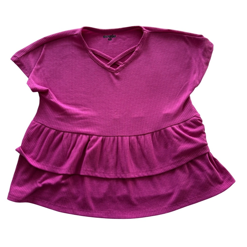 Evsie Girls Pink Ribbed Peplum Top Crisscross V-Neck Tiered Ruffle Size S 9